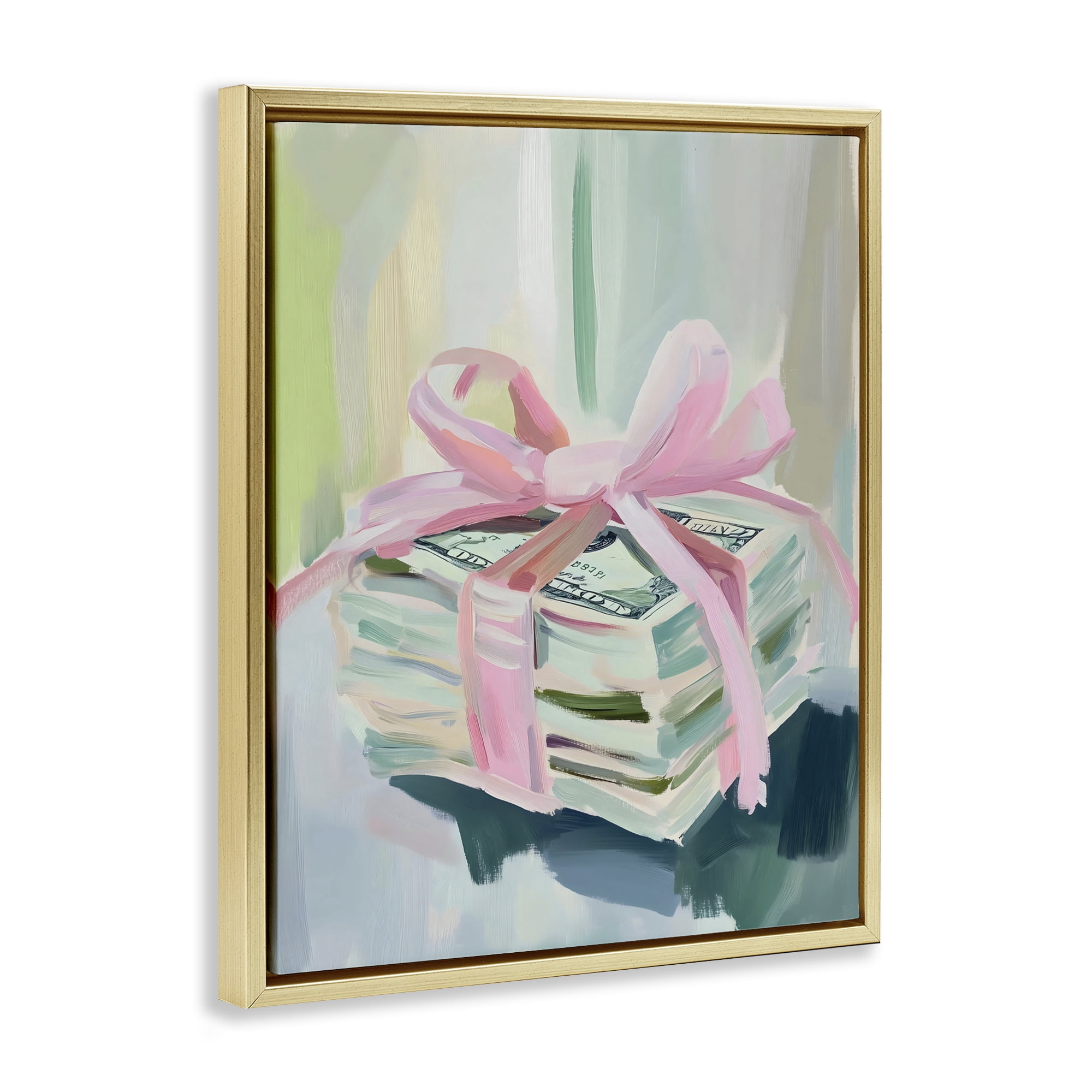 Stupell Industries Pink Bow Cash Bundle Gold Framed Floater Canvas Wall Art, design by The Prints Vibe