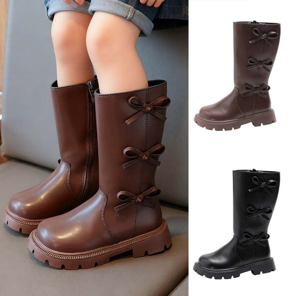 Miluxas Girls Knee High Boots Fall Winter Fashion Bowknot Side Zipper Fleece Lined Warm Riding Boots Youth/Toddler(Big Kids/Little Kids/Toddler) Brown 2.5(36)