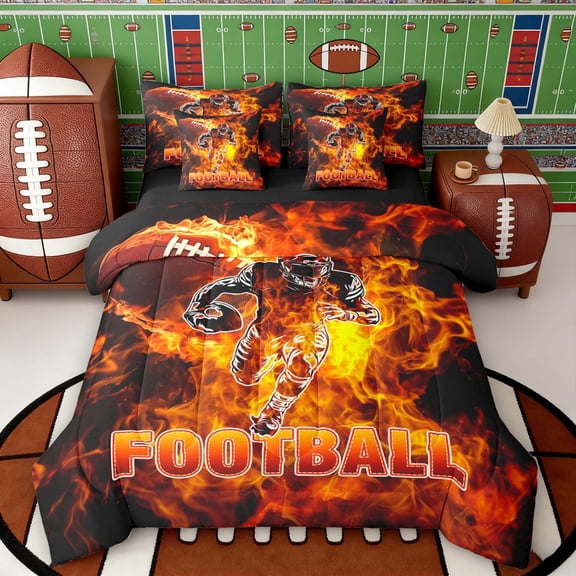 Erosebridal Fire Football Twin Bedding Sets, Sport Bedding Comforter Set for Men and Boys, Black Reversible 7pcs