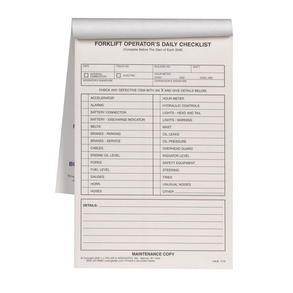 Forklift Operator Daily Checklist 10-pk. - Book Format, 2-Ply, Carbonless, 5.5" x 8.5", 31 Sets of Forms Per Book