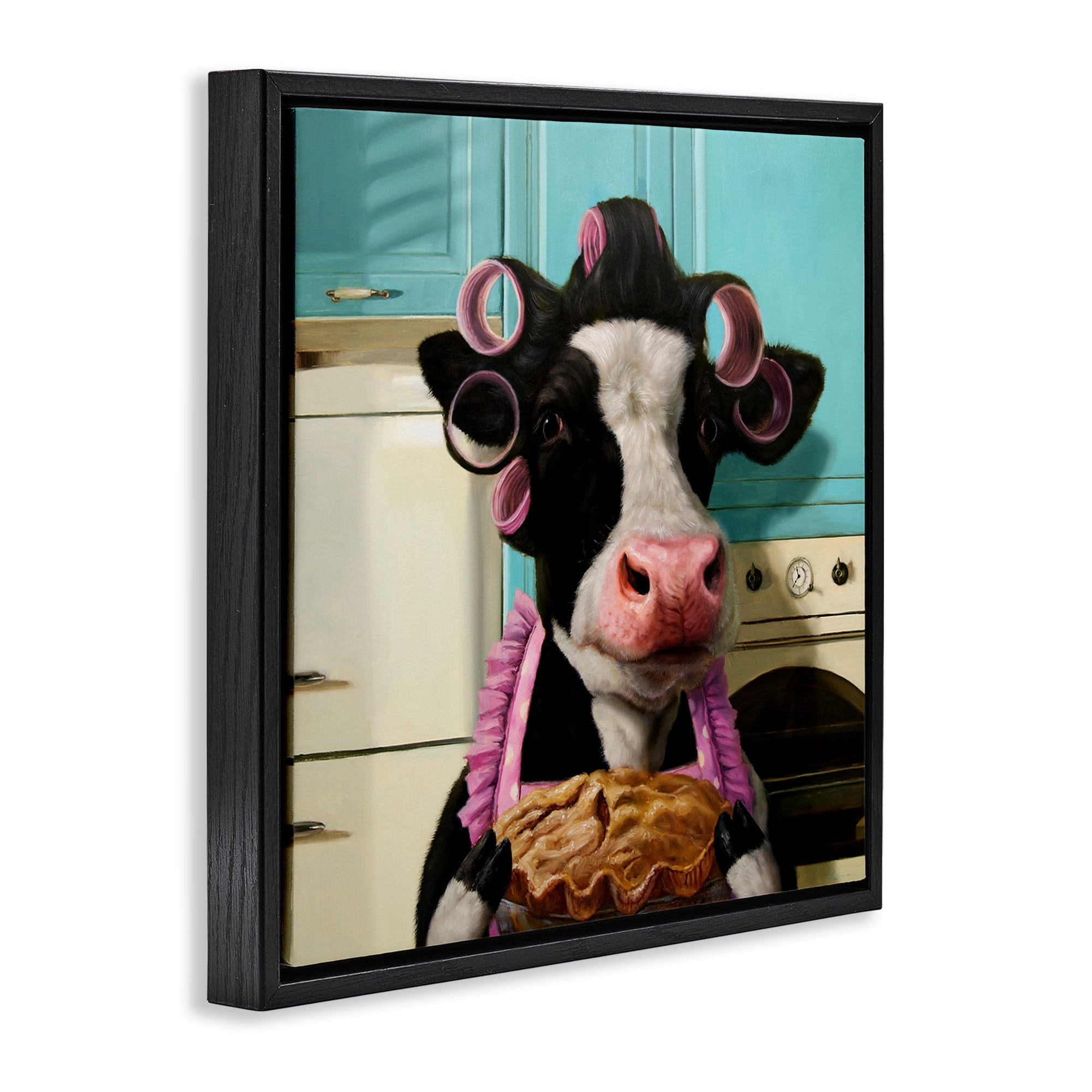 Stupell Industries Glamorous Cow Baking Pie Animals & Insects Painting Black Floater Framed Canvas Art Print Wall Art, 25 x 25