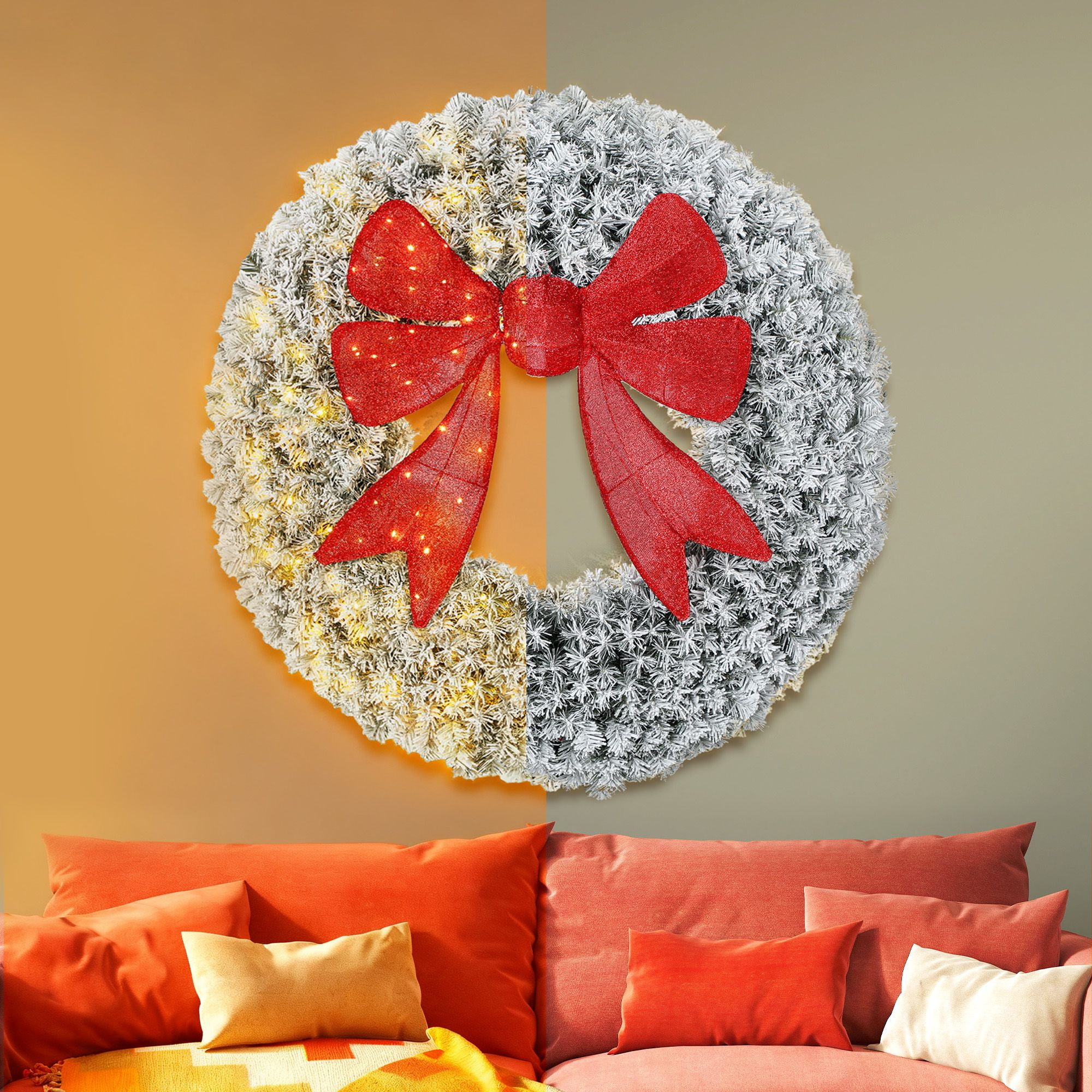 Pre-Lit Flocked Christmas Wreath with 3D Bow, 60 in, 300 LED Lights, 11 Modes, Remote, Indoor Outdoor Front Door Decor