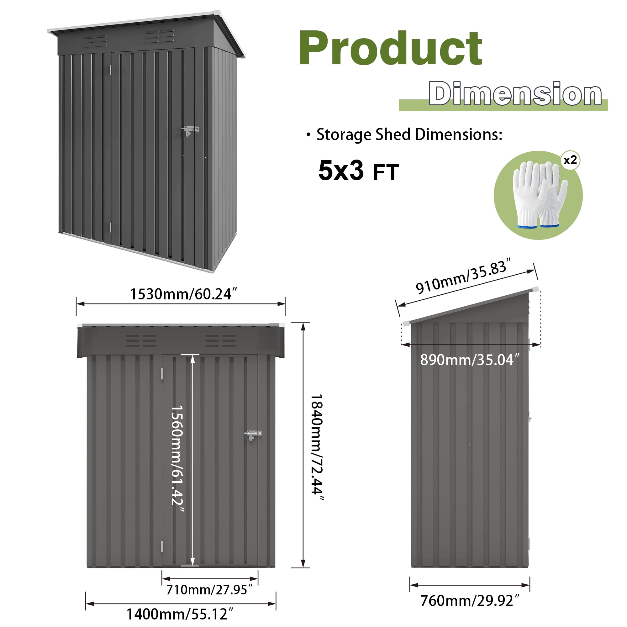 Vigo huseeo 5x3FT Metal Lean To Shed, Outdoor Storage Shed for Patio Backyard Garden (Gray)