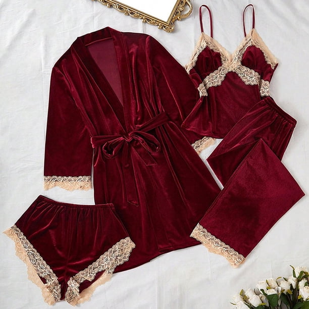TaTaai Women's Velvet Pajamas Set, Four Piece Lounge Wear Suit, Elegant Soft Home Outfit, Cozy Christmas and Valentine's Day Sleepwear Gift