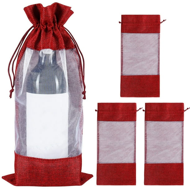 4 bolsas para botellas de vino con ventana y cordón, bolsas de regalo para champán, bolsas de arpillera para vino