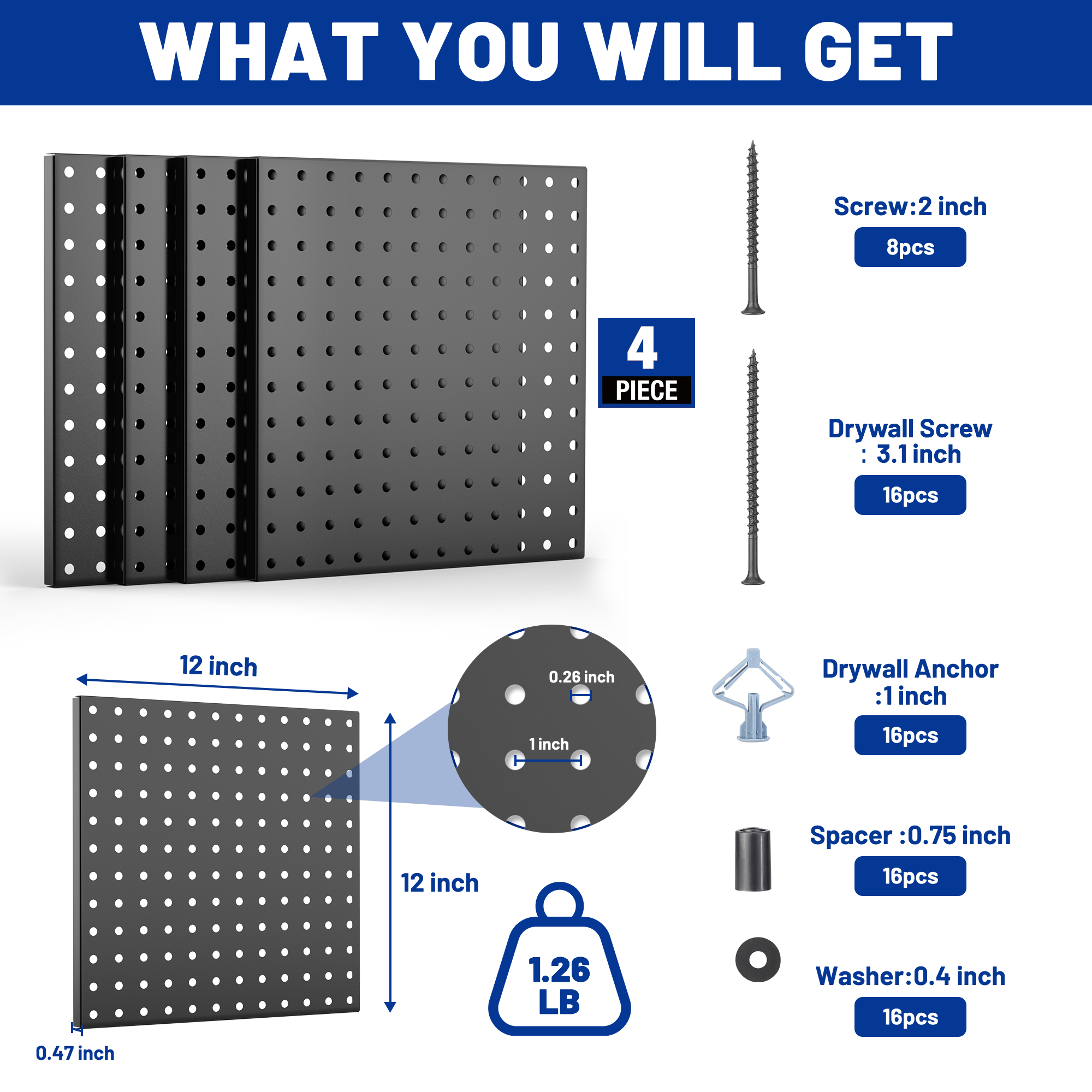 WorkPro 4-Pack 12"x12" Metal Pegboard Panels, Black photo 4