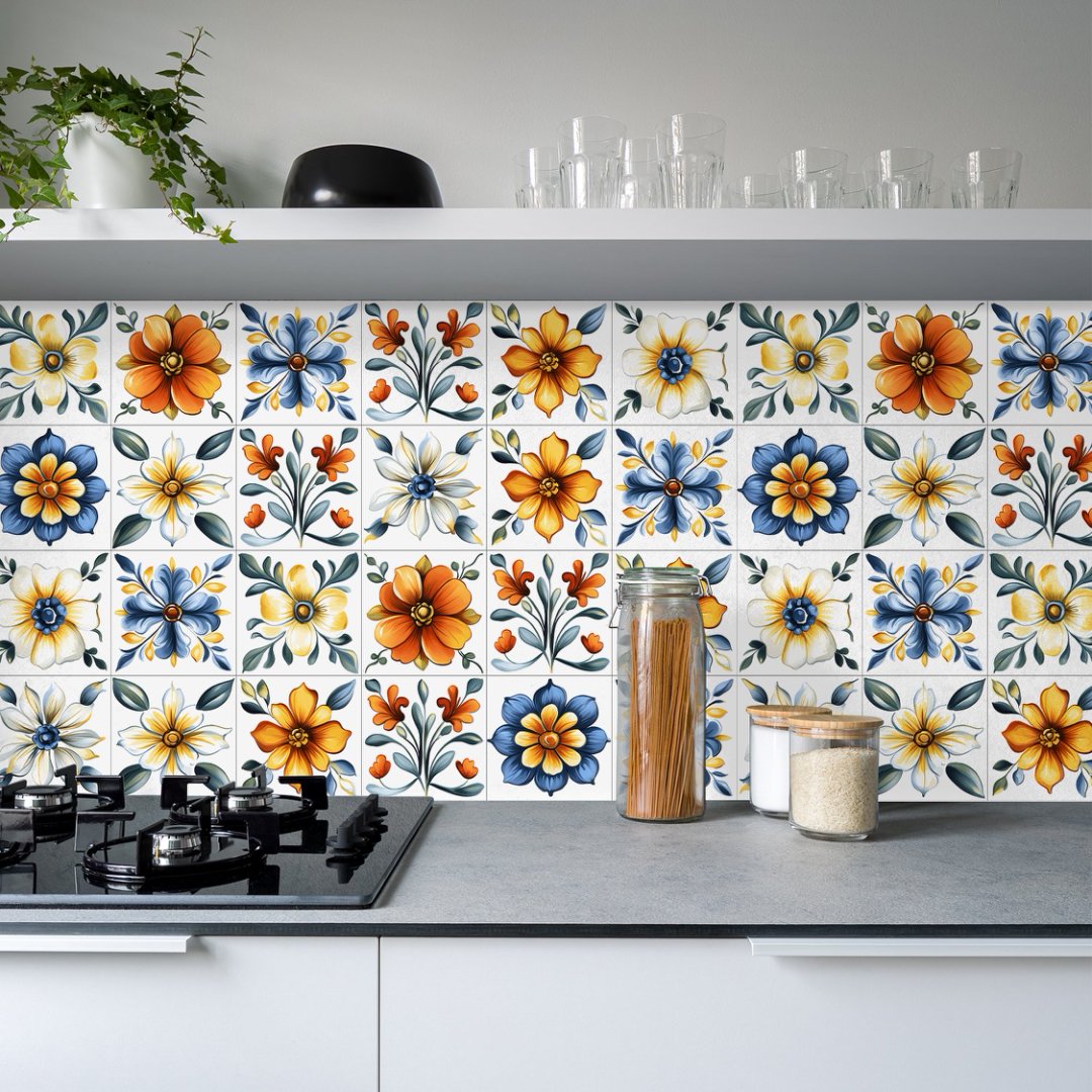 30 Pcs Tile Wall Sticker Kitchen Backsplash 5.9"x5.9" Removable Waterproof PVC Flowers DIY Decals Peel and Stick Tiles