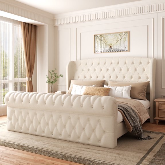 VIPLOV King Upholstered Sleigh Bed Frame with 52" Tall Wingback Headboard, Noise-Free, 2 Package in All, Cream