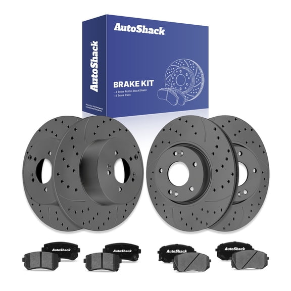 AutoShack Front Vented & Rear Solid Drilled & Slotted Coated Brake Rotors Black Matte Finish   Ceramic Pads 12-PC Brake Kit Replacement for 2011-2016 Kia Sportage 2010-2015 Hyundai Tucson BlackShield