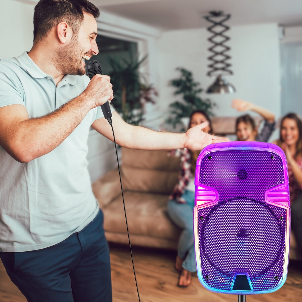 Portable Bluetooth Speaker 8" Woofer w/ Tripod Stand Microphone Remote Control Purple LED Clear Shell