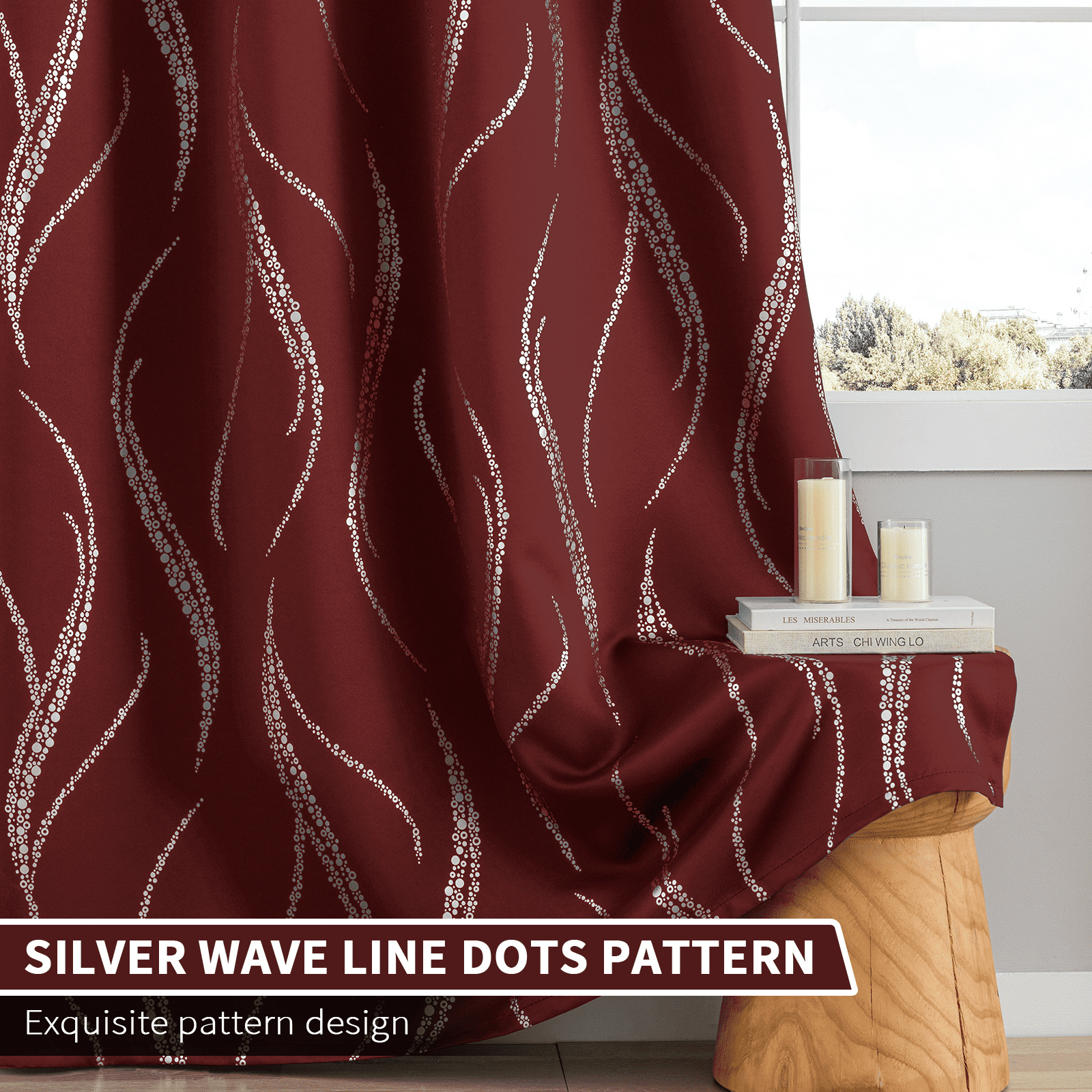 Yakamok Blackout Curtains for bedroom - Wave Line with Dots Silver Print Design Noise Reducing Thermal Insulated Ring Top Blackout Window Drapes for Livingroom (2 Panels, 52 x 84Inch, Burgundy)