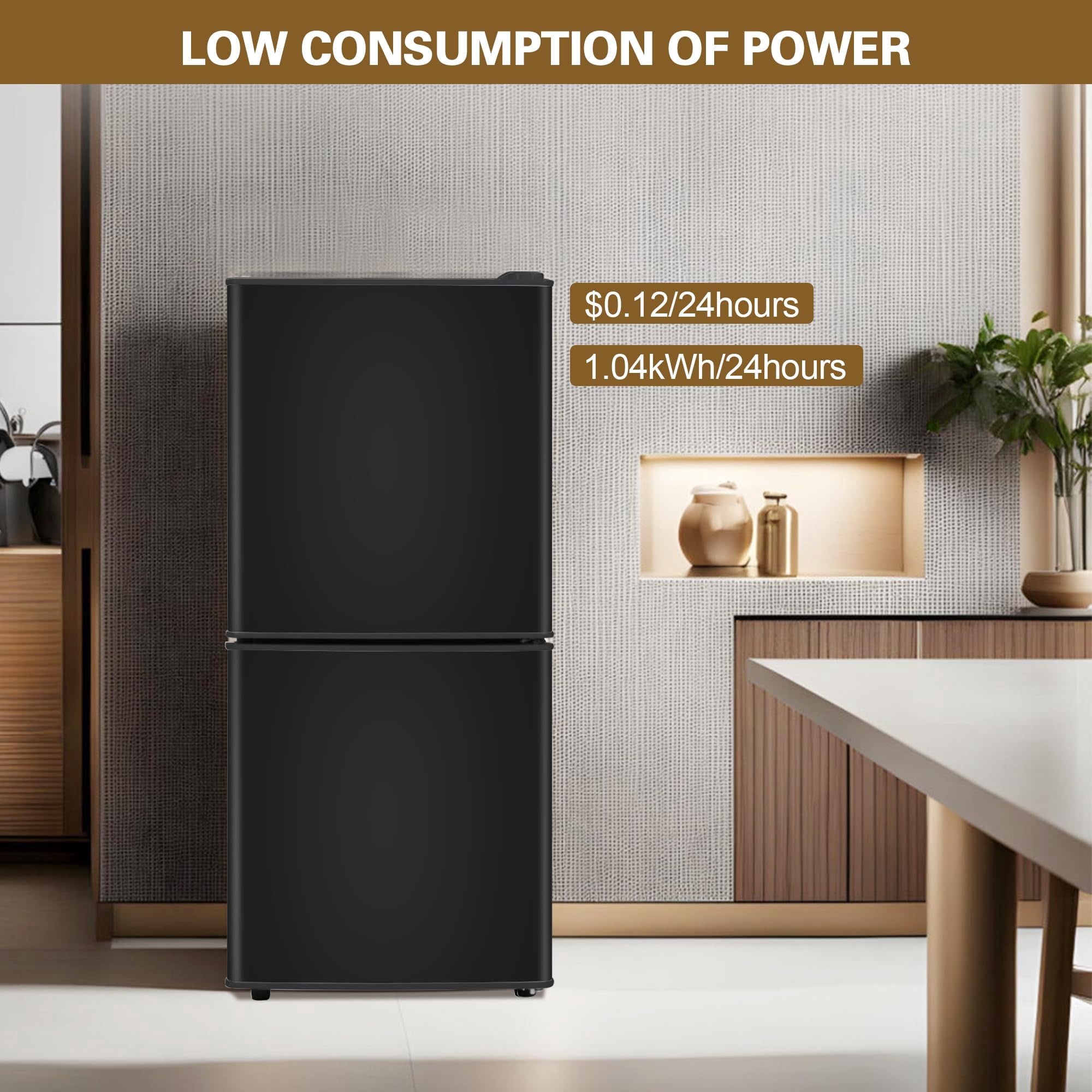 4.2 Cu.Ft Small Fridge with Freezer, 7 Level Adjustable Thermostat, 2 Door Design, Removable Glass Shelves, Quiet 38dB Energy Saving for Dorm Office Kitchen, Black
