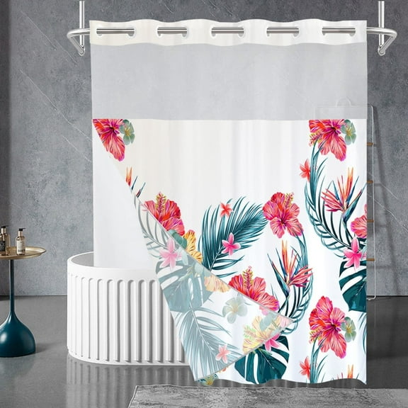Zrodlmo No Hook Fabric Shower Curtain with Snap-in Liner, Modern Floral White Bathroom Curtain, 72" x 74", Blue