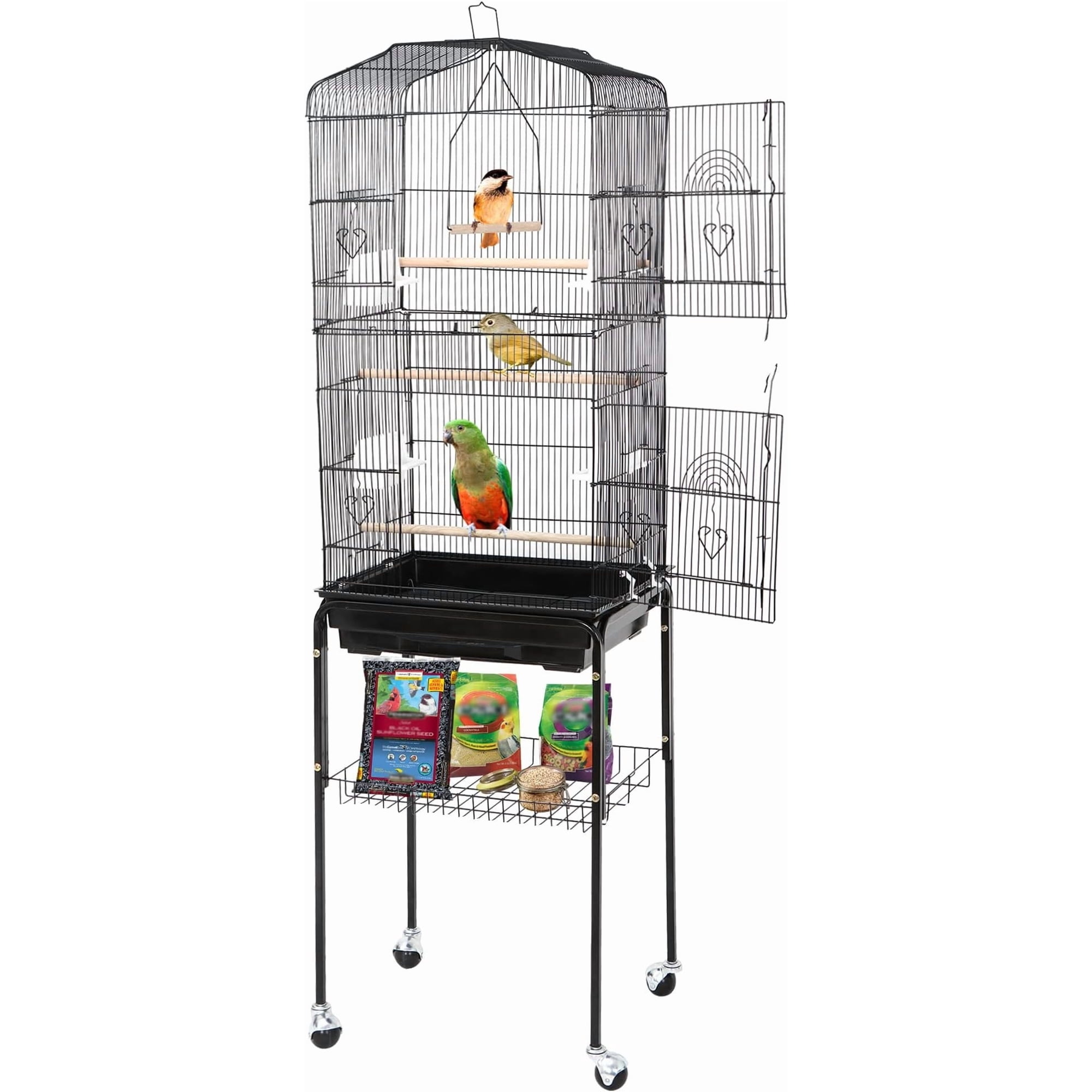 59.3-Inch Bird Cage, Wrought Iron Parrot Cage with Slide-Out Tray, Storage Shelf, Detachable Rolling Stand, Bird House for Parrot Cockatiel Cockatoo Parakeet Macaw Finches