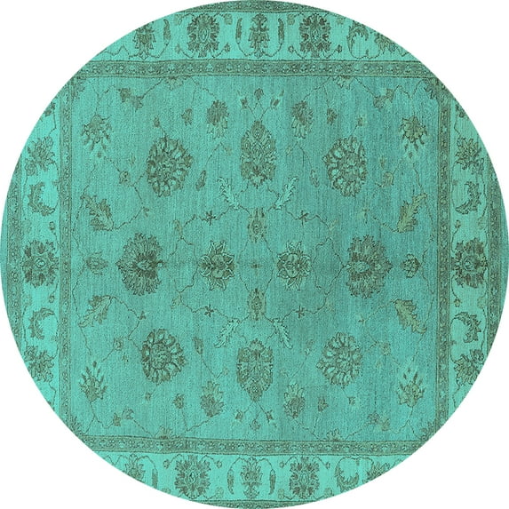 Ahgly Company Machine Washable Indoor Round Oriental Turquoise Blue Industrial Area Rugs, 7' Round