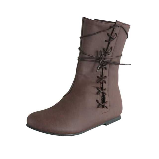 Mens Winter Flat Heel Leather Strap Warm Lace Up Vintage Neutral Mid Boot Rider Boots