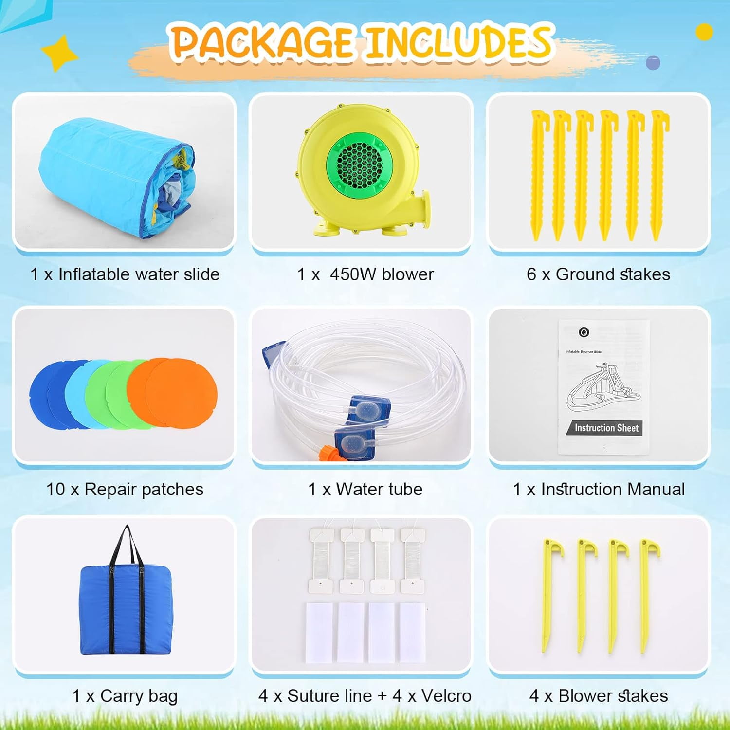 Qhomic Inflatable Water Slide with Spray Pool, 2 Water Guns, Climbing Wall, Basketball Hoop, and Inflatable Bounce House with UL Air Blower, (Gift for Kids), Polyester, Child, Teen, Toddler