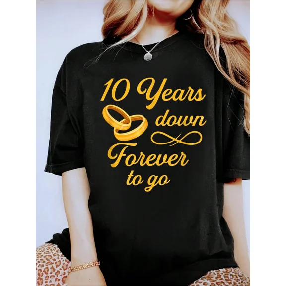 Retro 10th Wedding Anniversary Shirt 10 Years Down Forever To Go Tin Anniversary Gift For Men Women Couples Romantic Matching Tee