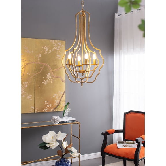 4 - Light Metal Chandelier, Hanging Light Fixture with Adjustable Chain for Kitchen Dining Room Foyer Entryway, Bulb Not Included