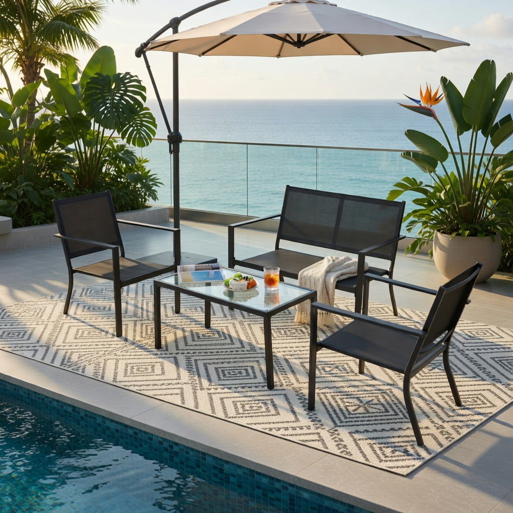 Hommoo 4-Piece Outdoor Patio Furniture Set, Steel Frame Loveseat, 2 Chairs & Tempered Glass Coffee Table for Backyard, Garden, Poolside, Gray