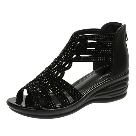

Qufokar Womens High Platform Mid Calf Wedges High Heel Raffia Sandals Women Fashion Summer Women Sandals Fish Mouth Open Toe Wedge Heel Hollow Rhinestone Casual