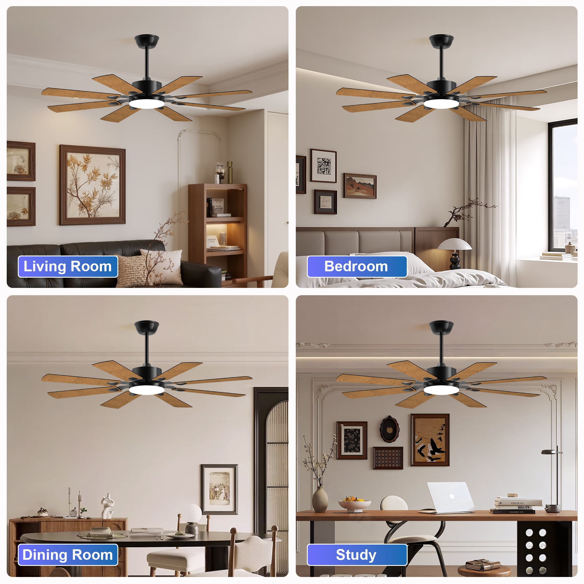 Jopath 52 Inch Windmill Ceiling Fan with Lights and Remote Control, 8 Plywood Blades, 6-Speed Noiseless, 3CCT, Ceiling fan for Kitchen Bedroom Living Room, Black