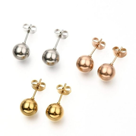 3 Pairs Stainless Steel Ball Earrings Ball Bead Stud Rose Gold Silver Round E6