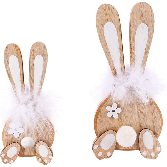 Dalrosia Easter Wood Bunny Table Decor, 2 Pieces Rustic Wood Bunny Signs with Pom-Pom Tail and White Feather Collar for Easter, Spring, Tabletop, Home and Tiered Tray Decoration