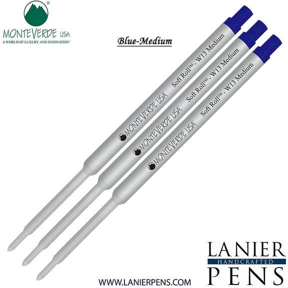 Lanier Combo Pack - 3 Pack - Monteverde Soft Roll Ballpoint W13 Paste Ink Refill Compatible with most Waterman Style Ballpoint Pens - Blue (Medium Tip 0.7mm)