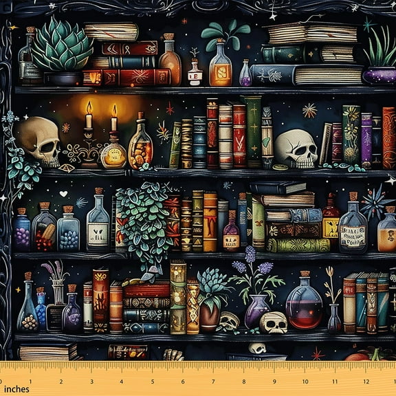 jejeloiu Gothic Skull Fabric by the Yard 1 Yard,Magical Book Home Decor Fabric by the Yard,Vintage Bookcase Bookshelf Sewing Fabric For Boys Teens,Breathable Home Decor