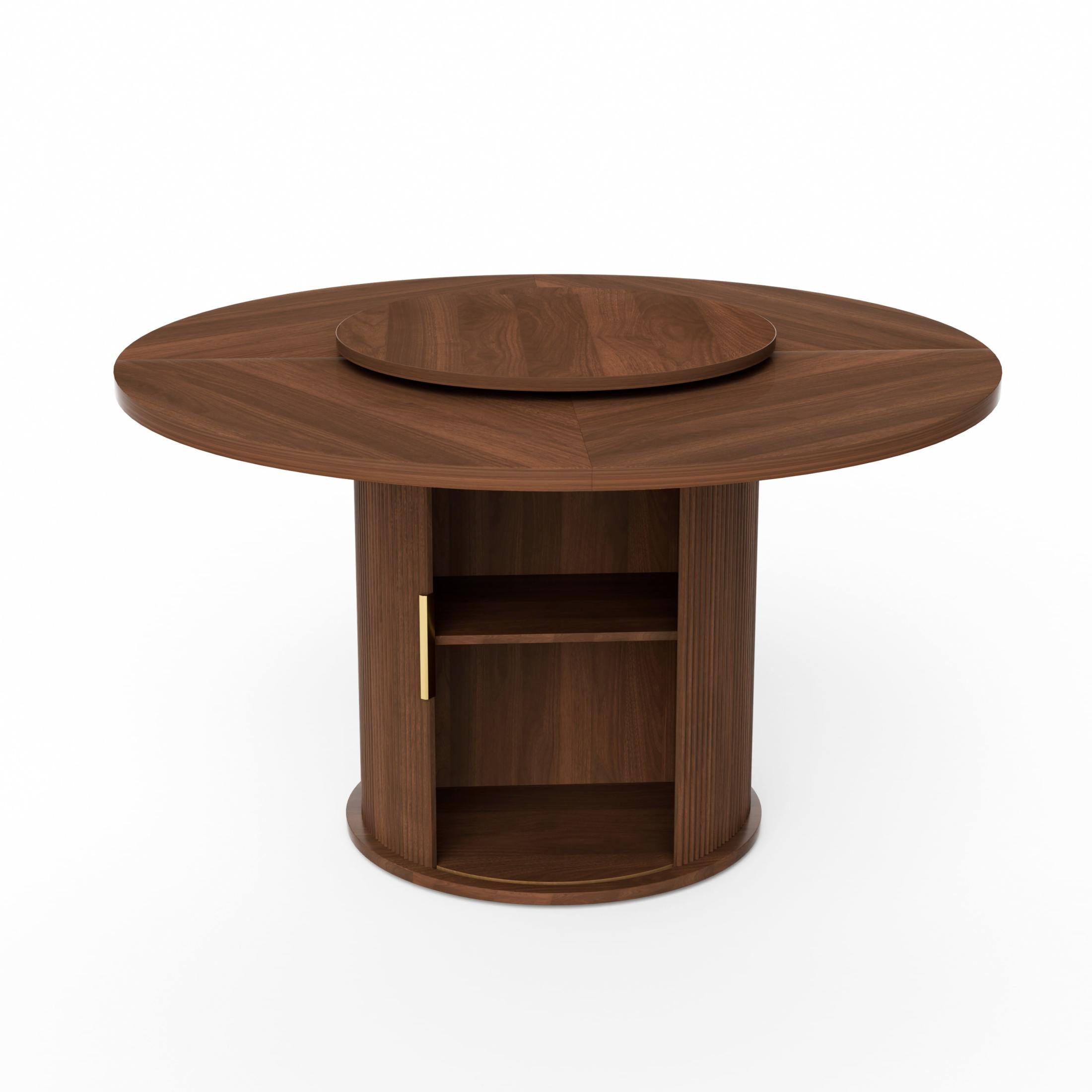 Noble House 55" Round Dining Table for 6, Double-Tier Storage, Rotating Tray, Wavy Sliding Doors, Walnut