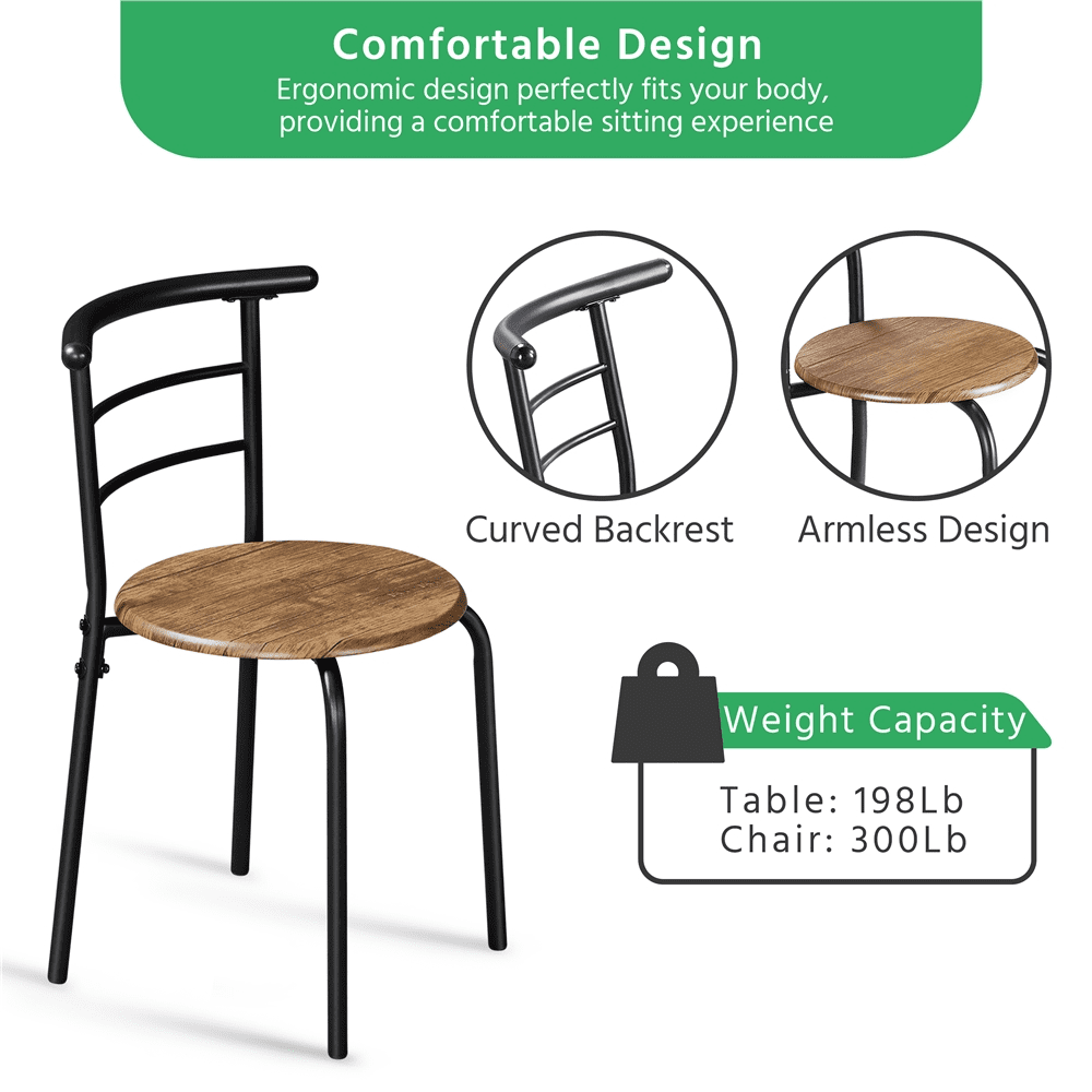 Fullfurnique Modern 3-piece Round Dining Table and 2 Chairs Set with Steel Legs, Brown