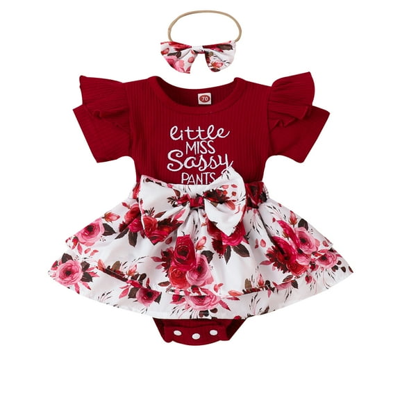 Baby Girl Summer Romper, 3 6 12 18M Short Sleeve Round Neck Bow Front Patchwork Skirt Bodysuit