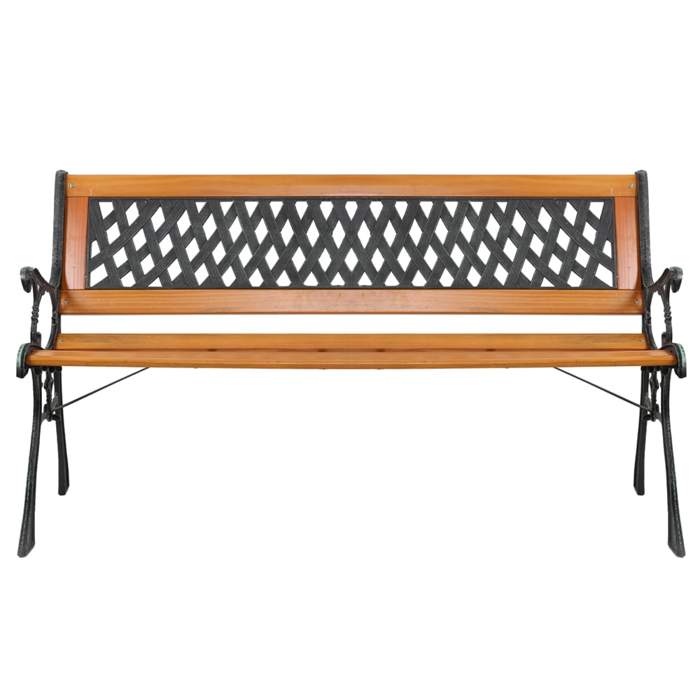 49" Garden Bench, Outdoor Patio Park Chair, Hardwood Slats Cast Iron Frame Seat,B
