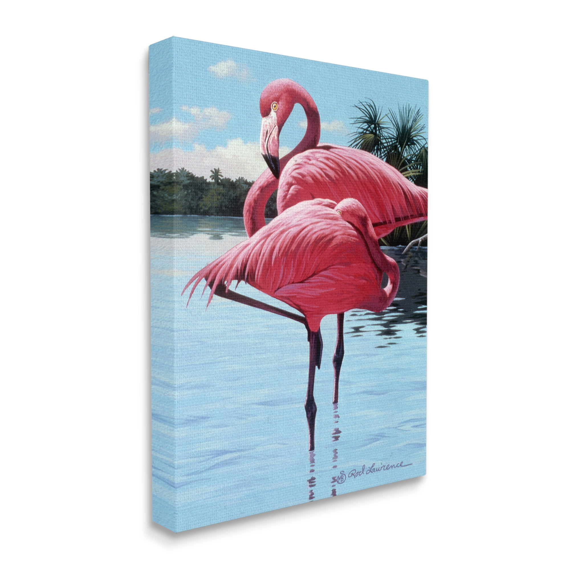 Stupell Industries Flamingos Balancing on Shore Animals & Insects Painting Gallery Wrapped Canvas Art Print Wall Art, 24 x 30