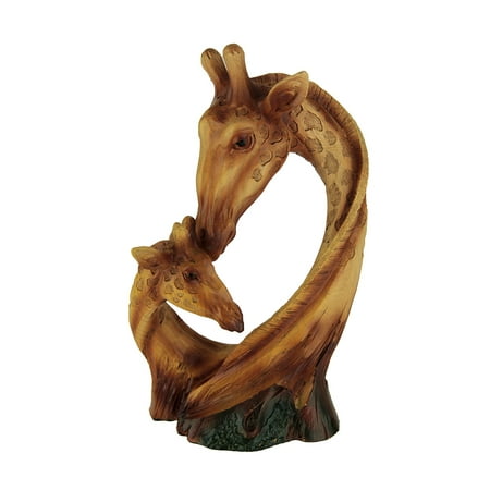 Carved Giraffe Statue - Faux Carved Mother and Baby Giraffe Head Wood Look Statue