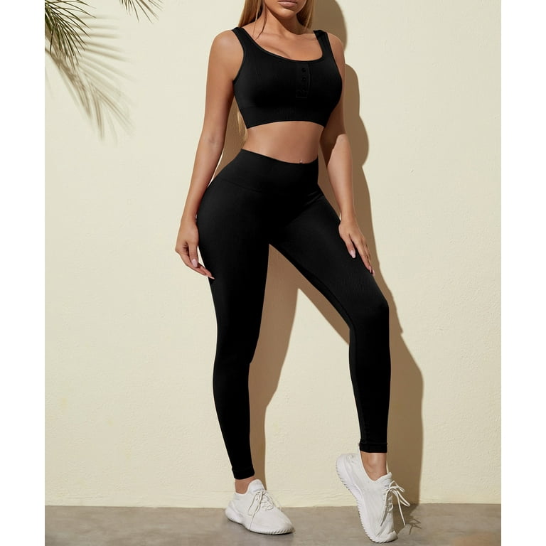 Zimi Workout Outfits for Women 2 Piece Seamless Rib-knit Sports Bra High  Waist Yoga Leggings Sets Black L 