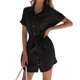 thumbnail image 1 of Vestido camisero de mujer Color puro solapa manga corta botón abajo correa de cintura para oficina en casa, 1 of 6