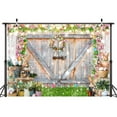 thumbnail image 2 of Spring Garden Easter Backdrop,Rustic Wooden Door Background,Easter Bunny Colored Eggs Backdrop,Granary Wood Wall Flowers Grass Children Easter Party Decoration Backdrop 5X3FT, 2 of 5