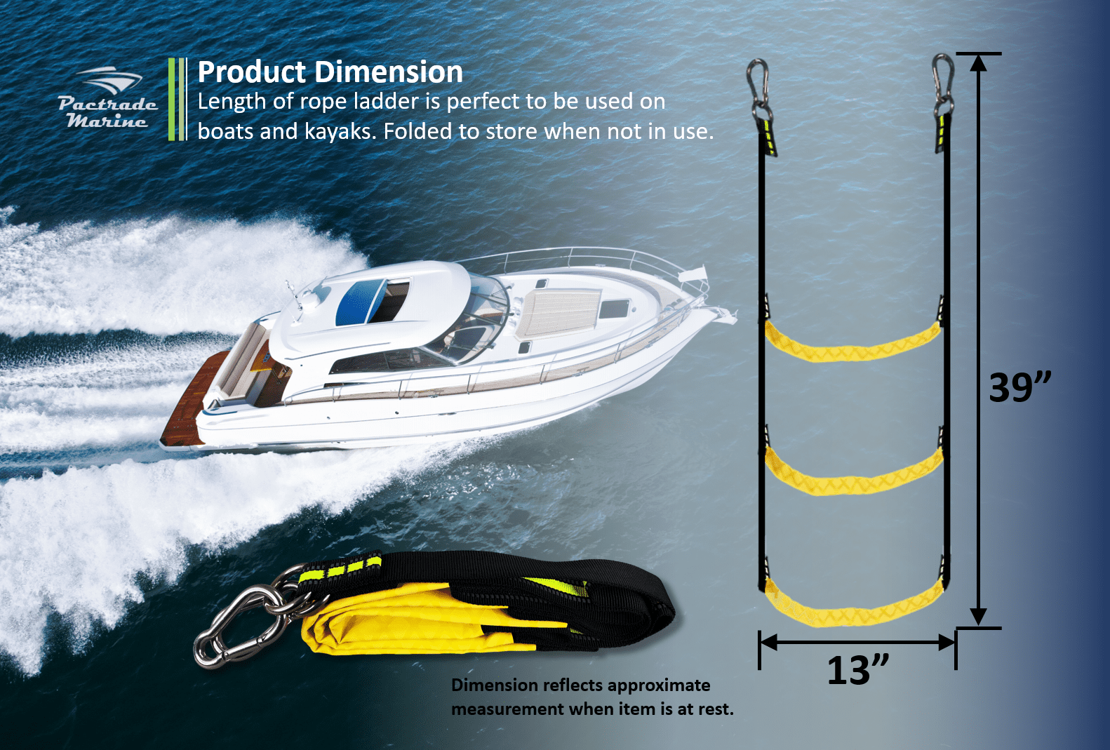 Pactrade Marine Emergency Rope Ladder Assist Boarding Foldable Inflatable Fishing Dinghy Boat Kayak Motorboat Canoeing Sailboat Yacht (3 Steps)