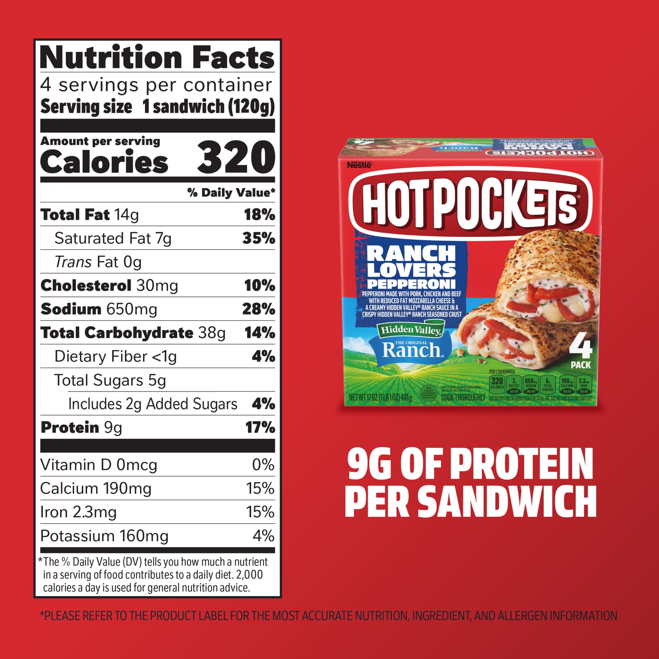 Hot Pockets Frozen Snacks, Ranch Lovers Pepperoni, Hidden Valley Ranch Seasoned Crust Sandwich, 17 oz, 4 pack (Frozen)