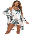 thumbnail image 1 of CUITING Ensemble de Pyjama 3 Pcs pour Femmes Cardigan à Manches Longues Ouvert Robe d'Été Soyeuse Sans Manches à Bretelles Shorts Cami Taille Haute Ensemble de Pyjama Confortable Vêtements de Nuit Imprimé Feuille, 1 of 6