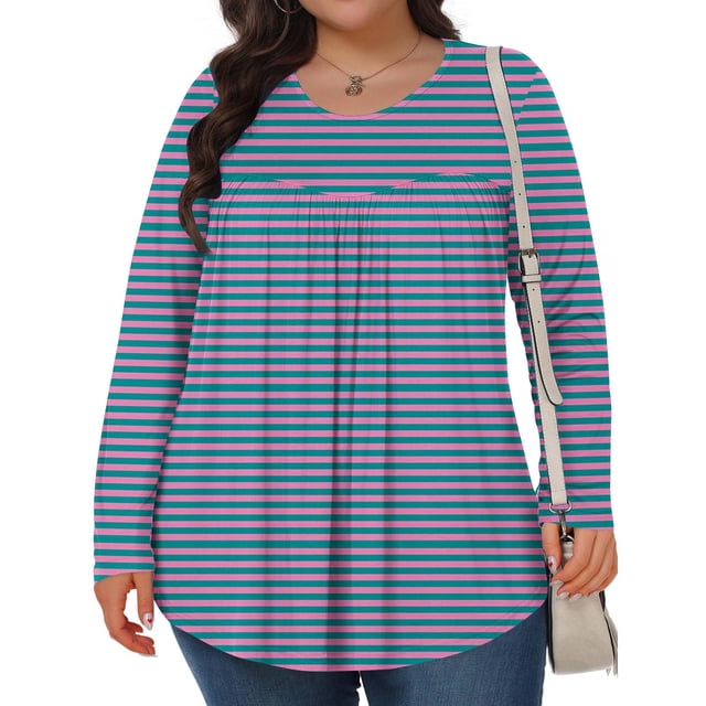 Mevxay Blouse à Rayures pour Femme Grande Taille Chic Décontractée T-Shirts Plissés Manches Longues Col Ras du Cou Tunique Fluide Hauts Violet G