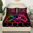 thumbnail image 3 of Erosebridal Gamer Bed Sheets Set Twin Size, Neon Gradient Gamepad Bedding Sets Twin Size, Pink Honeycomb Decor, 3pcs (Top Sheet, Fitted Sheet, Pillowcase), 3 of 6
