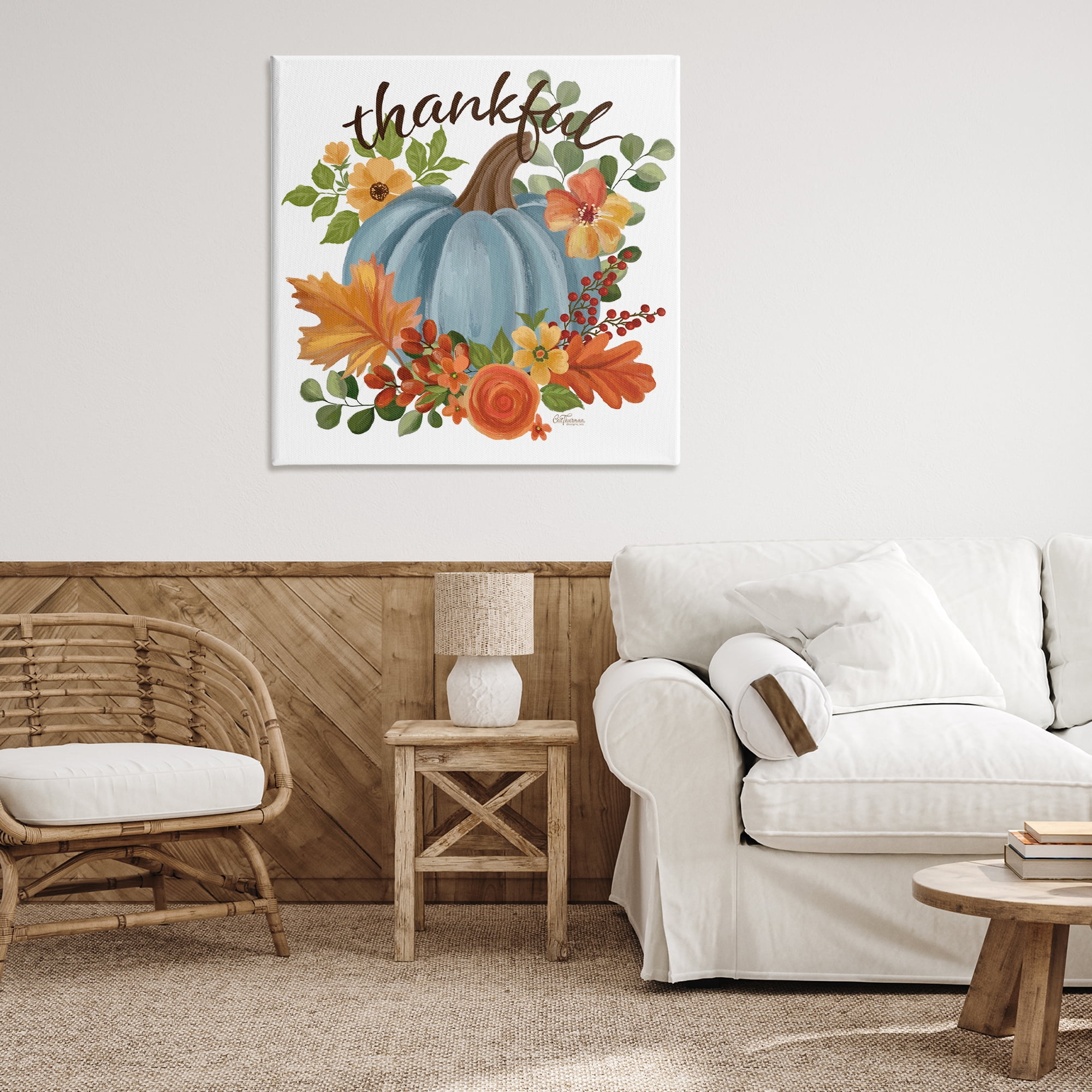 Stupell Industries Autumnal Thankful Pumpkin Holiday Painting Gallery Wrapped Canvas Art Print Wall Art, 36 x 36