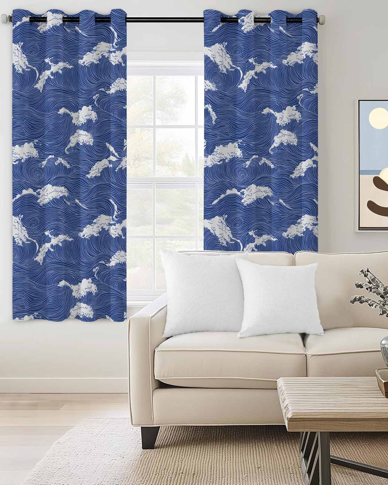 Modern Blackout Curtains for Bedroom Living Room, Ocean Blue Wavy Lines 39 In Long Thermal Insulated Room Darkening Drapes Grommet Window Treatments, 27.5 x 39 In