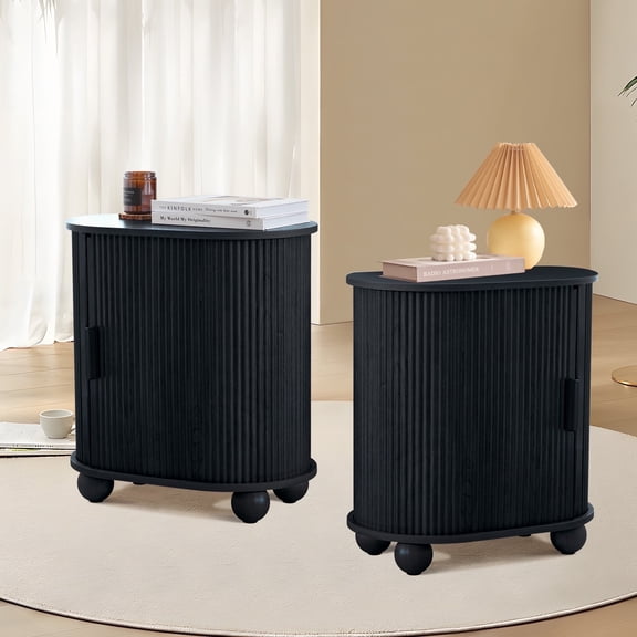 YOCWO Black Oval End Table Set of 2, Fluted Side Tables with Sliding Door Storage for Living Room