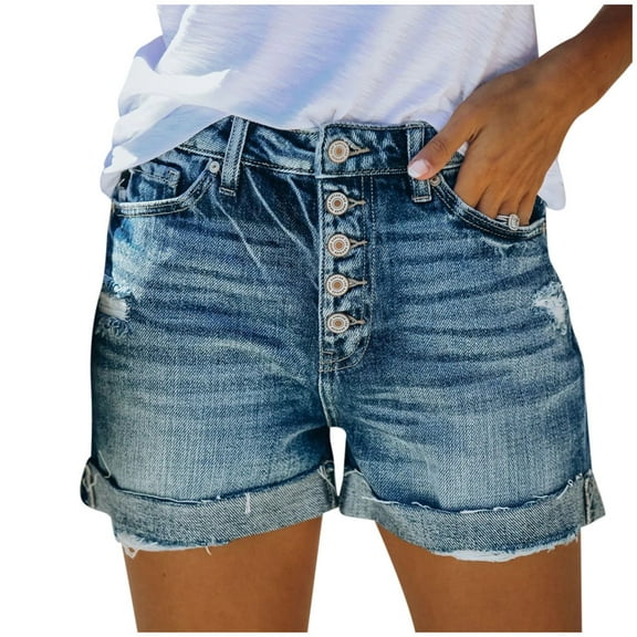 PBNBP Shorts for Women 2023 Summer Casual Denim Shorts Women Mid Waist Stretchy Ripped Frayed Raw Hem Jean Shorts with Pocket
