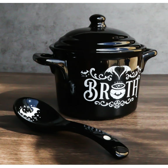 Wicca Bat Cauldron Broth With Pentagram Fine Bone China Bowl With Spoon And Lid