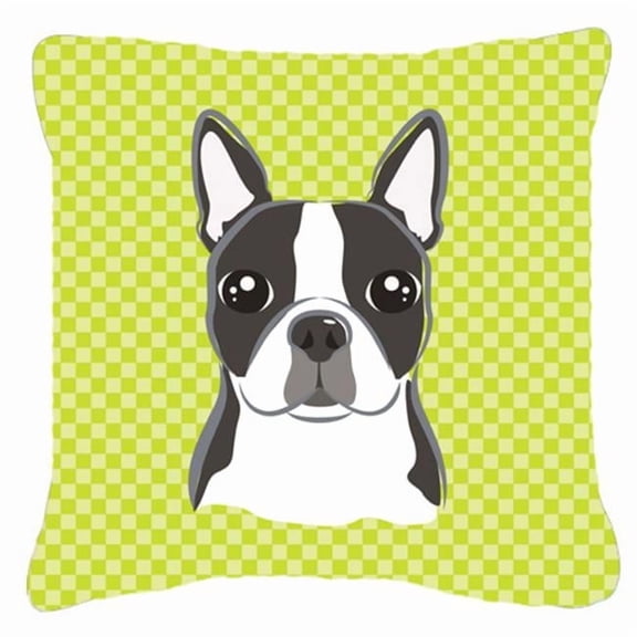 Checkerboard Lime Green Boston Terrier Fabric Decorative Pillow